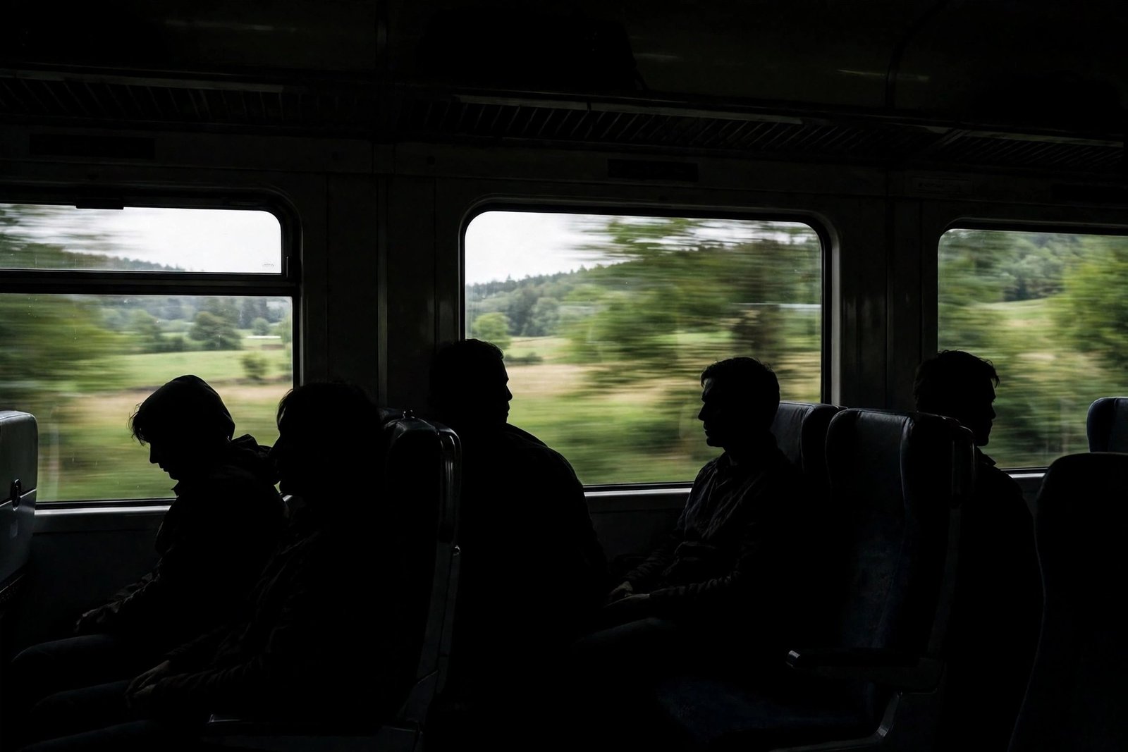 Passengers pressed against the windows of a speeding train as blurred countryside rushes past outside.