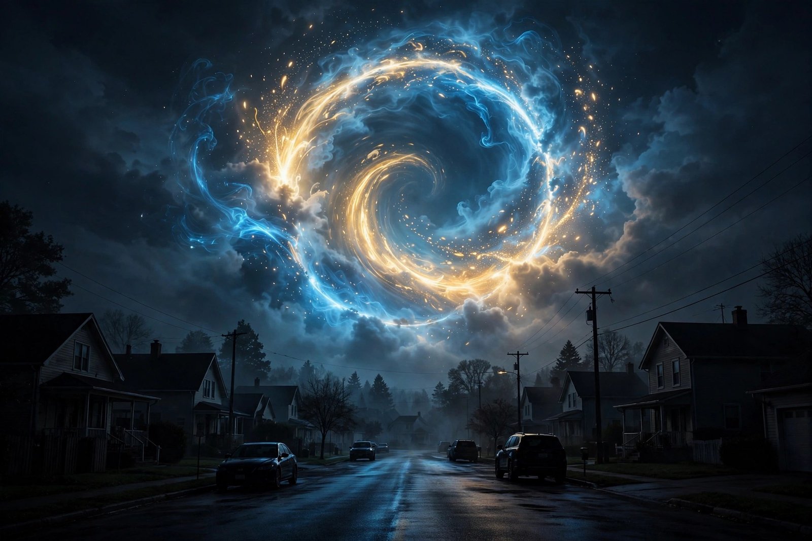 A glowing circular portal of light opening above a quiet small-town street at night