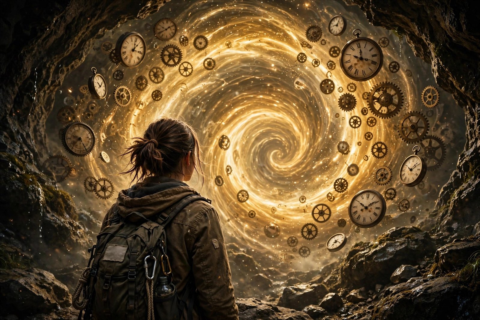 A young traveller standing before a swirling tunnel of light and floating clock faces