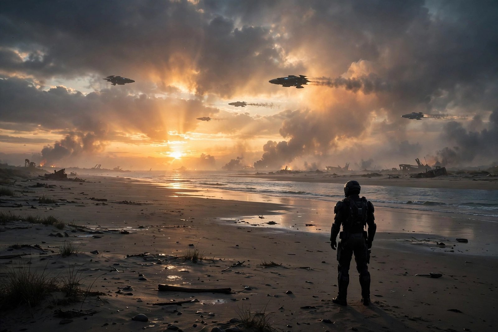 A soldier silhouetted against a sunrise beach, ready to begin the same battle one more time