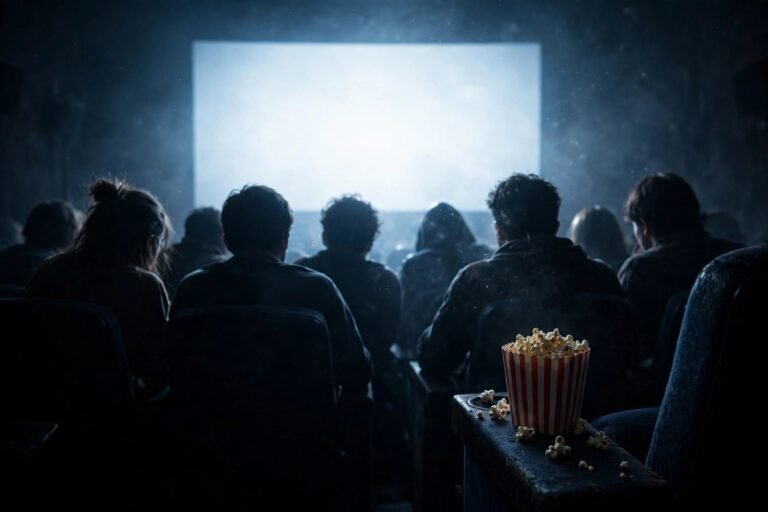 A dim cinema audience seen from behind, faces lit by a glowing screen, popcorn forgotten as everyone leans forward.