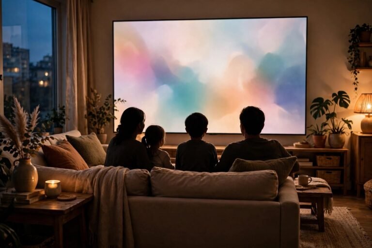 A cosy living room at dusk with a family silhouetted against a large glowing screen full of soft colours