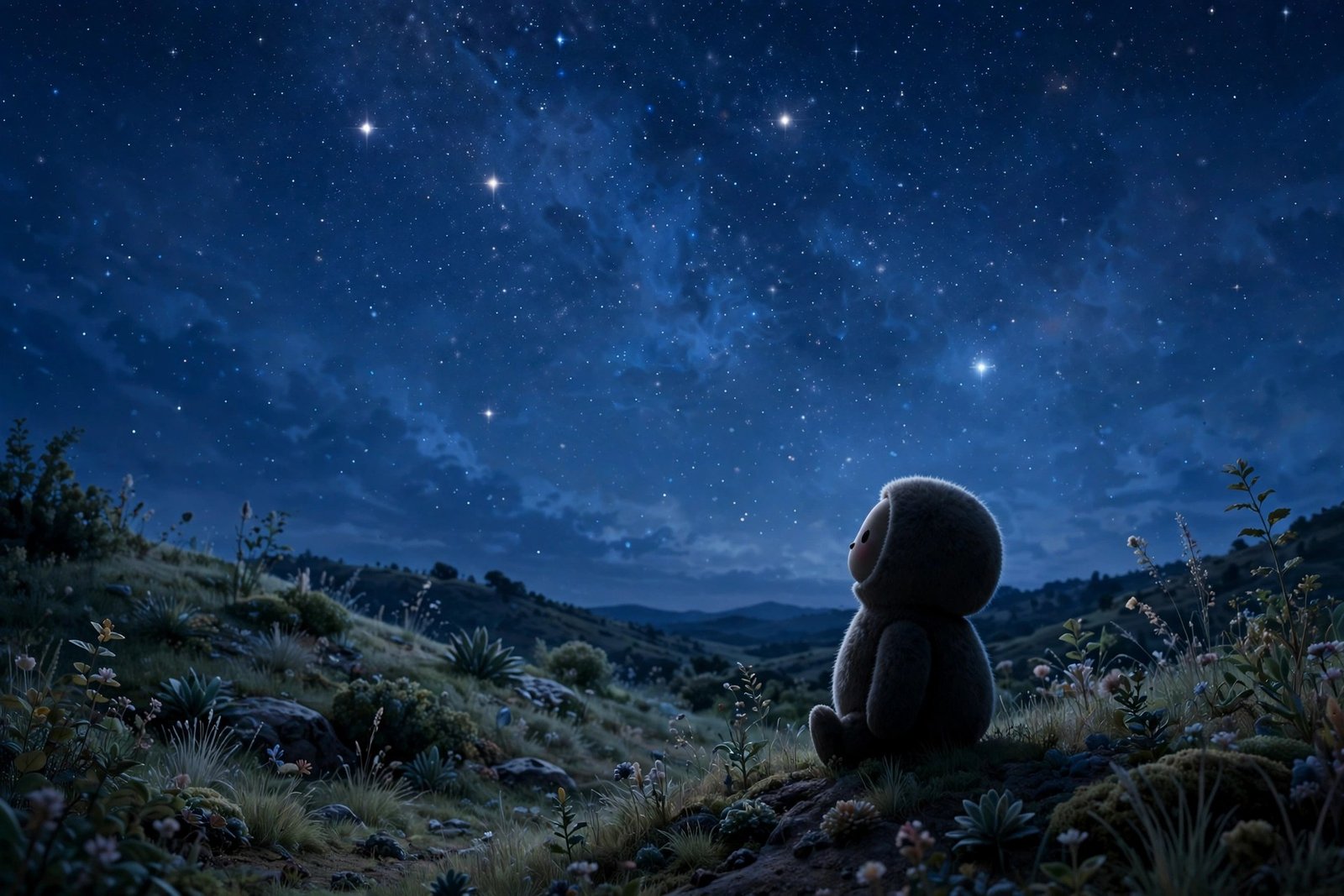A small friendly robot silhouette gazing at a starry sky above a quiet, plant-dotted landscape