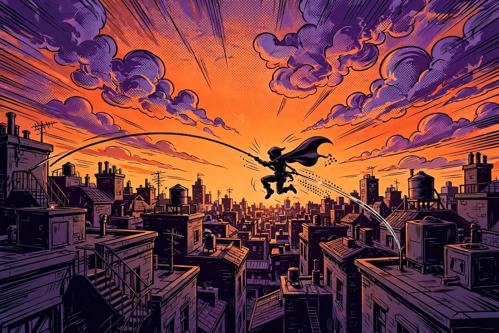 A young hero silhouette swinging between stylised city rooftops under a bold, comic-inspired sunset sky