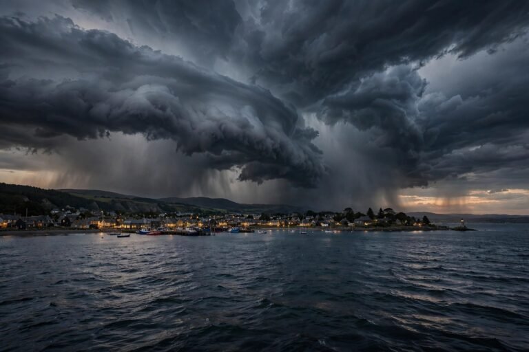 A vast storm front rolling over a small coastal town at dusk, seen from a safe distance across the water