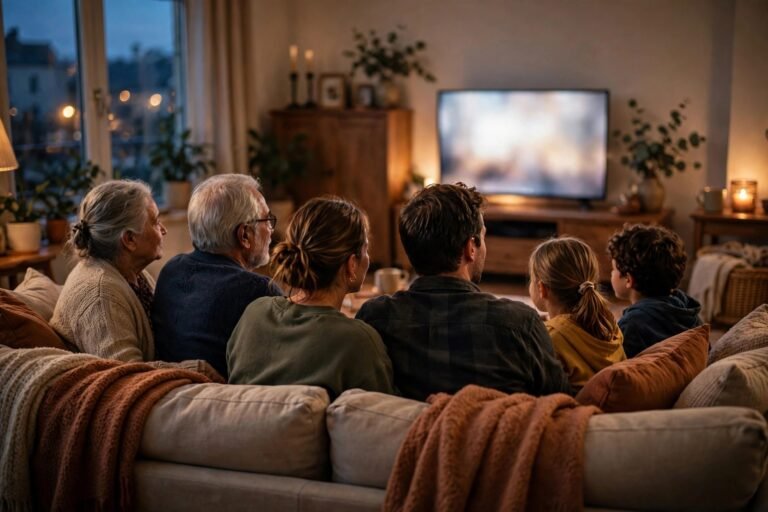 A cosy living room at dusk with three generations gathered on a sofa facing a softly glowing screen