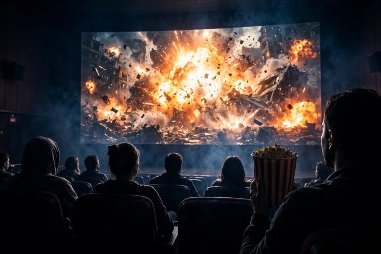 A cinema audience silhouetted against a bright, explosion-lit action scene on a huge screen, popcorn in hand