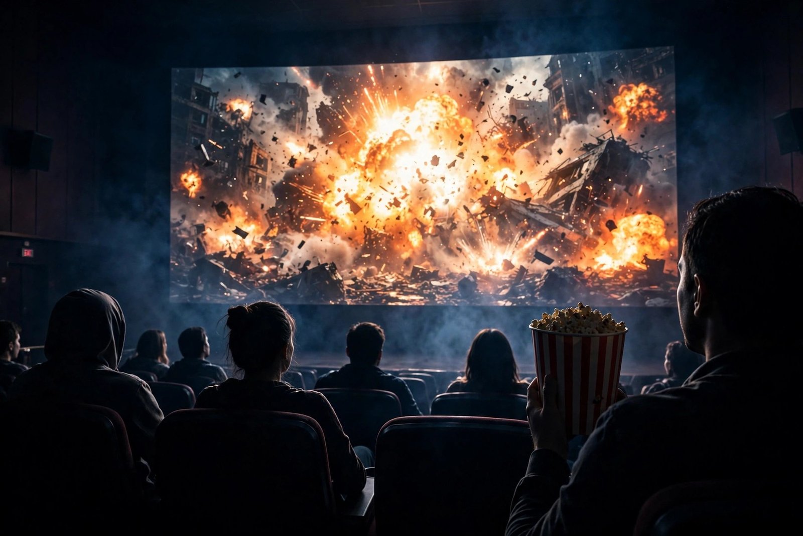 A cinema audience silhouetted against a bright, explosion-lit action scene on a huge screen, popcorn in hand