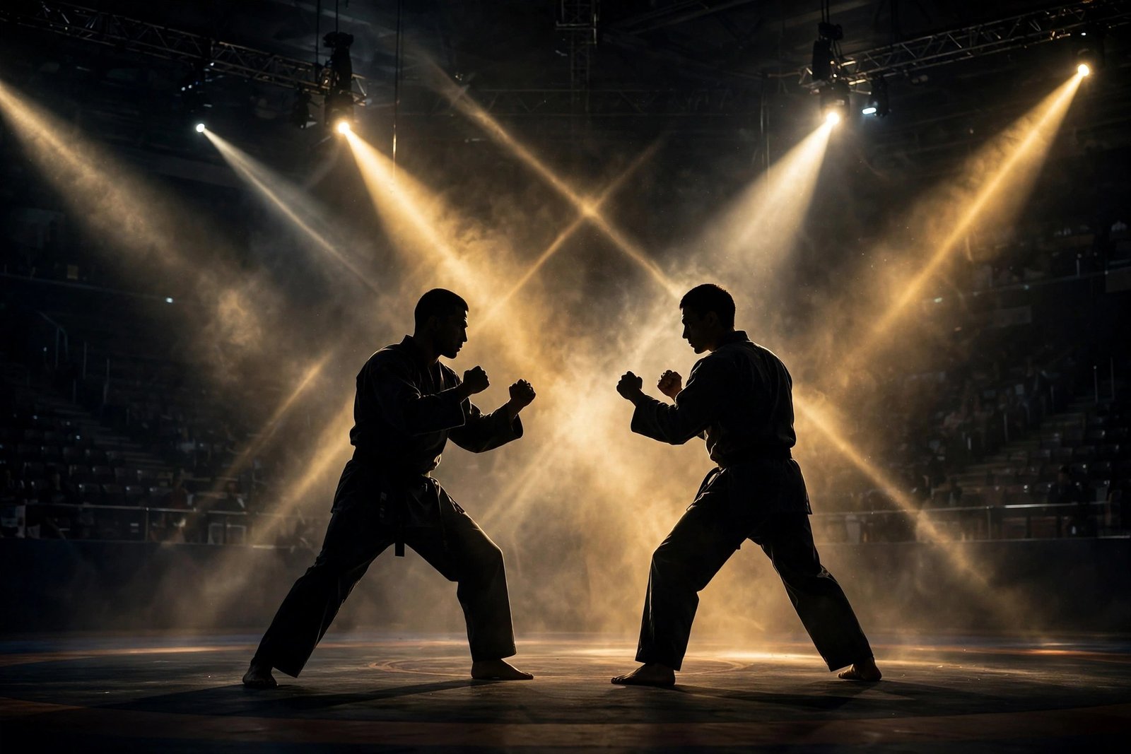 Two silhouetted fighters facing off in a dramatic arena under sweeping spotlights, dust in the air