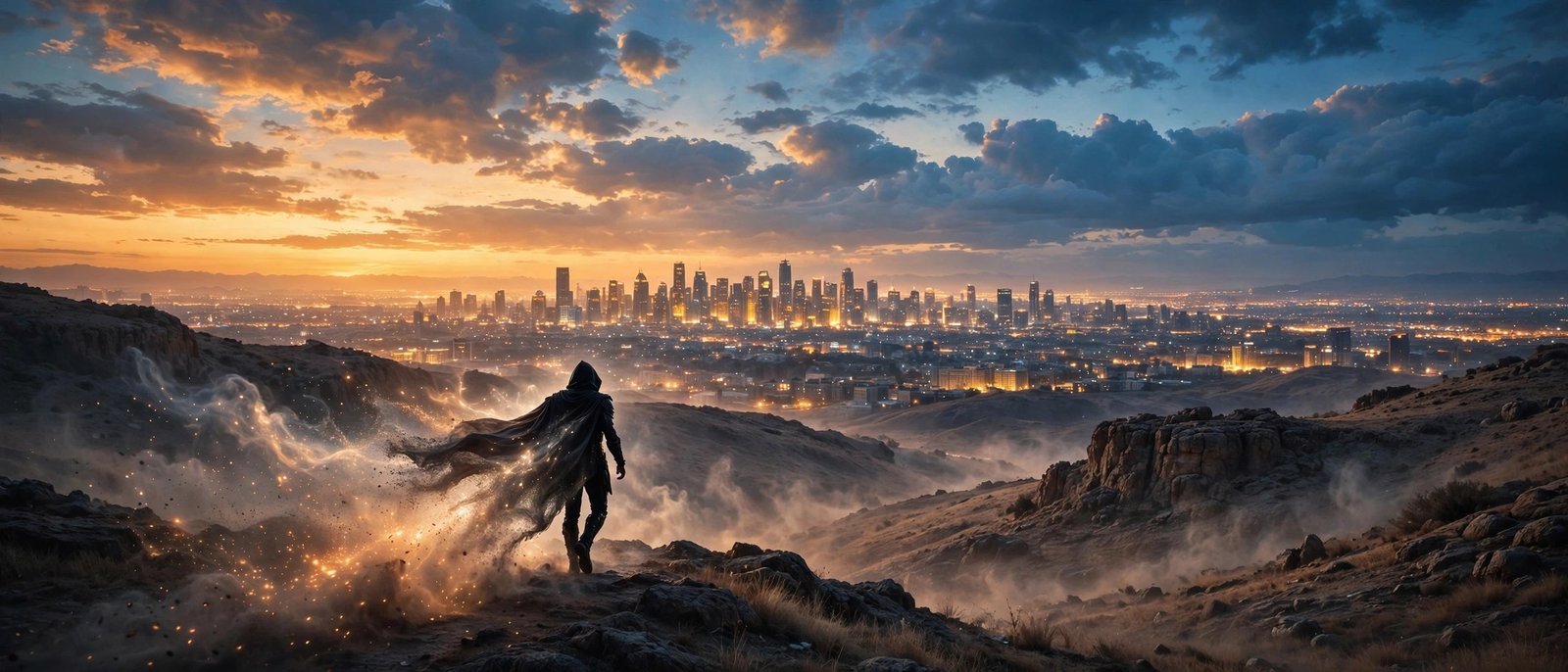 A lone hero silhouette walking toward a glowing city skyline at dusk, cape of dust and light behind them