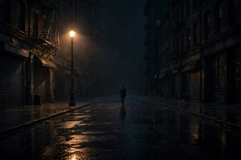 A lone figure in a rain-soaked city street at night, lit by a single streetlamp, cinematic wide shot