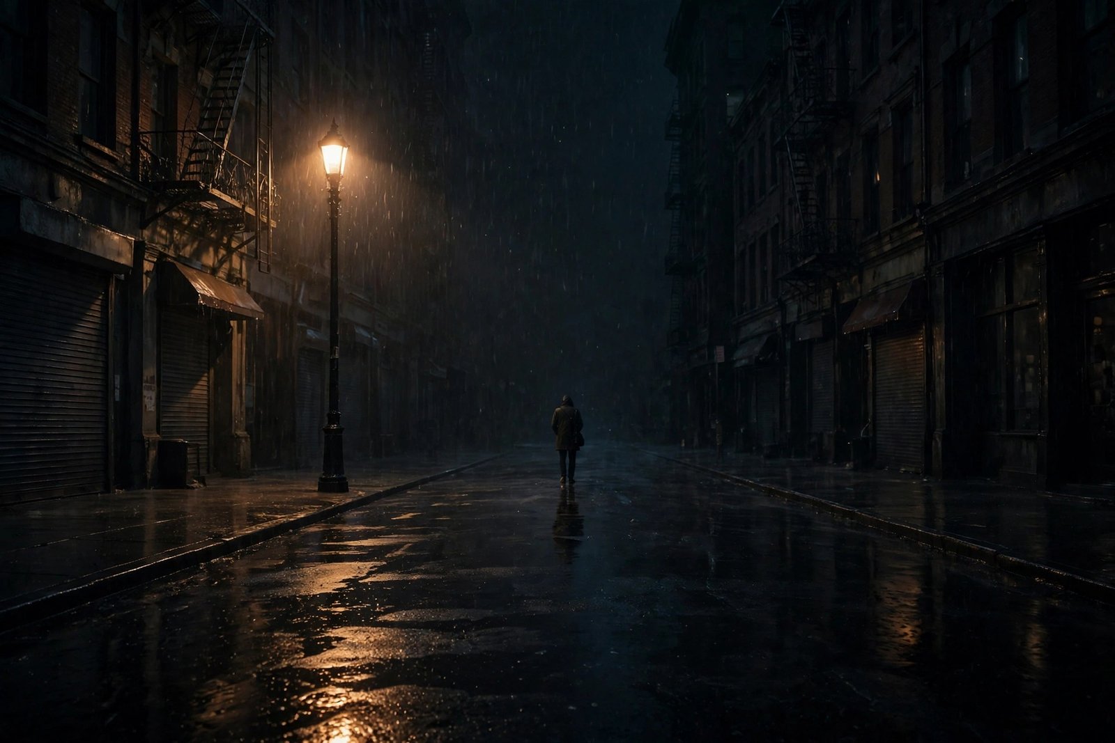 A lone figure in a rain-soaked city street at night, lit by a single streetlamp, cinematic wide shot