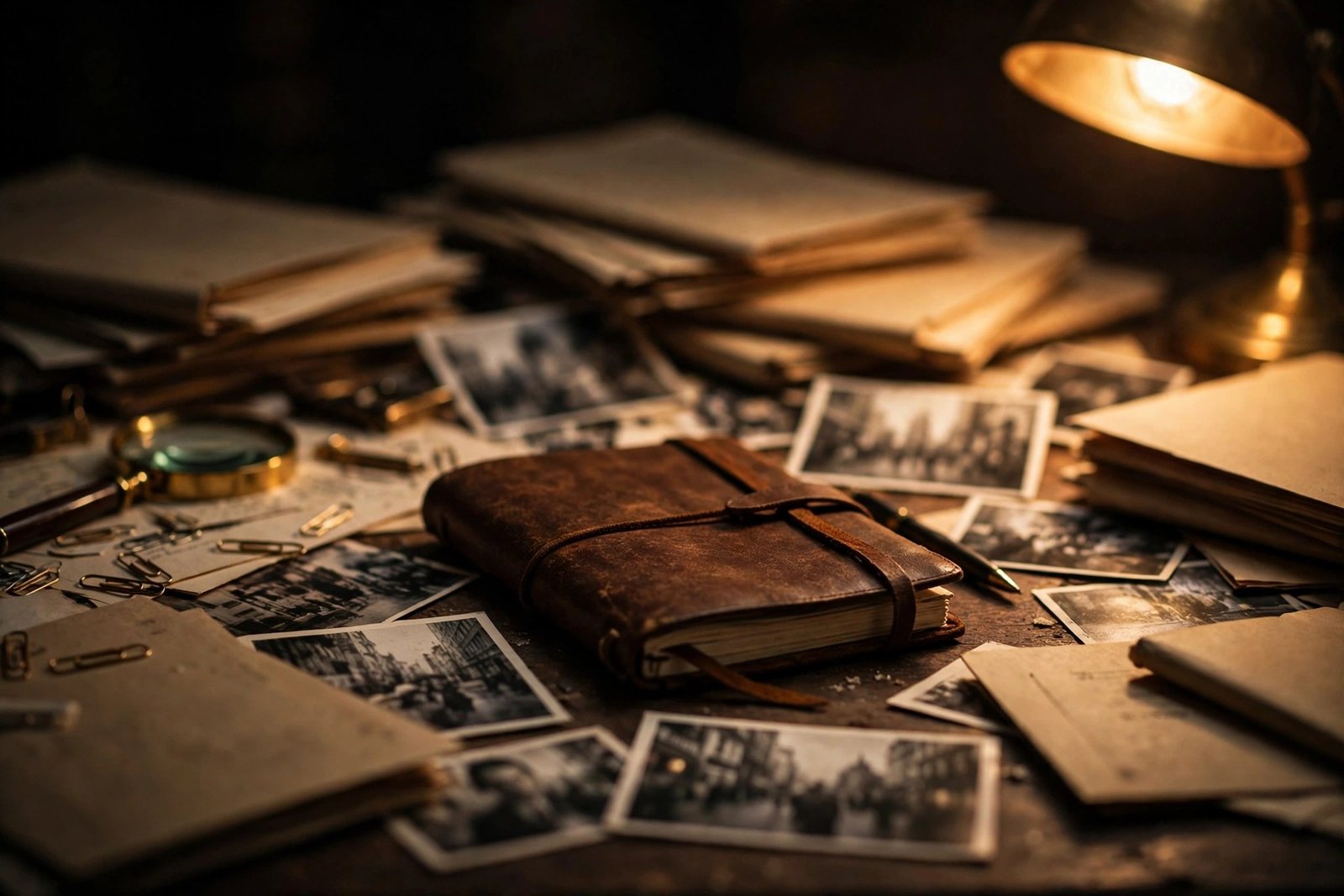 A detective's desk covered with case files, photographs, and a notebook under warm lamplight, cinematic close-up