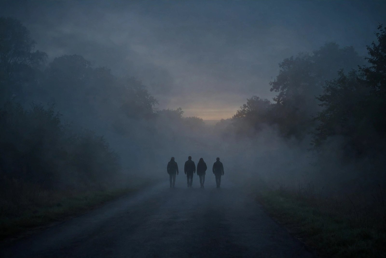 Silhouetted figures walking through fog on an empty road at dusk, cinematic and moody