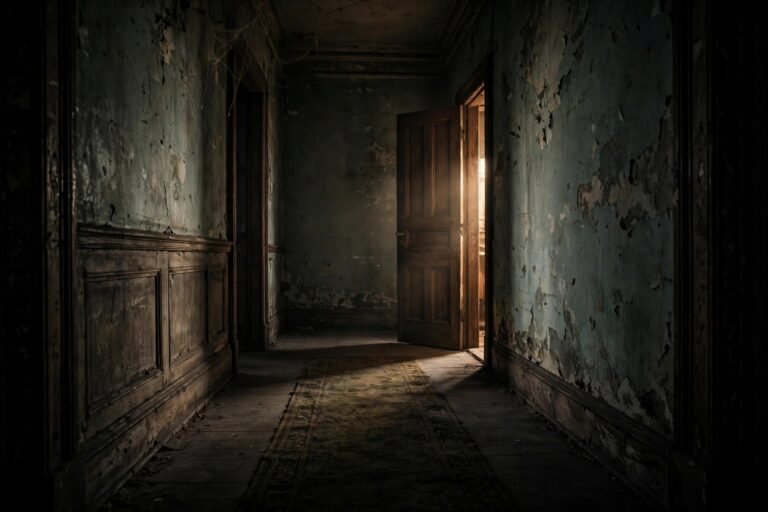 A dimly lit hallway in an old house with a single door slightly ajar, cinematic and atmospheric