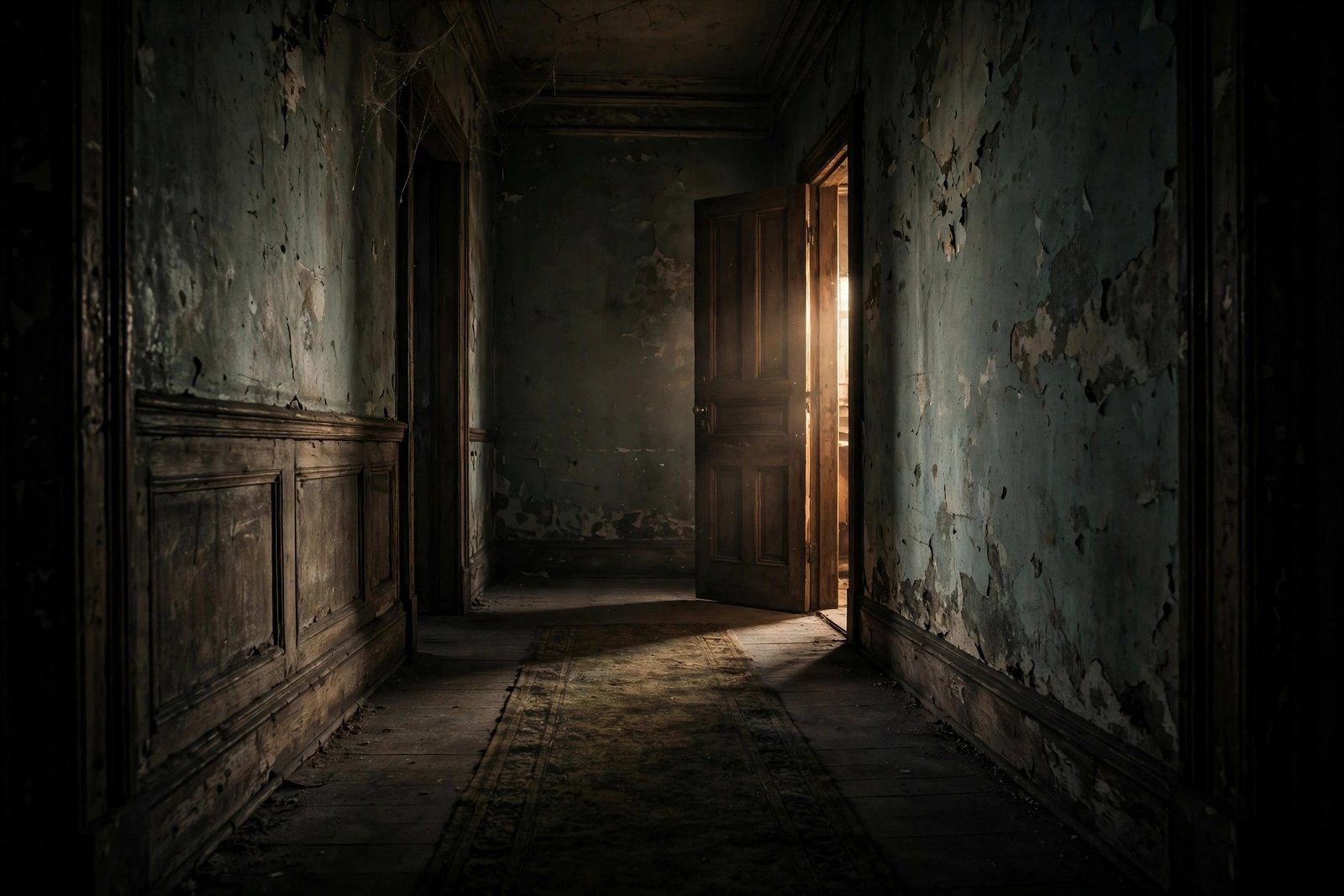 A dimly lit hallway in an old house with a single door slightly ajar, cinematic and atmospheric