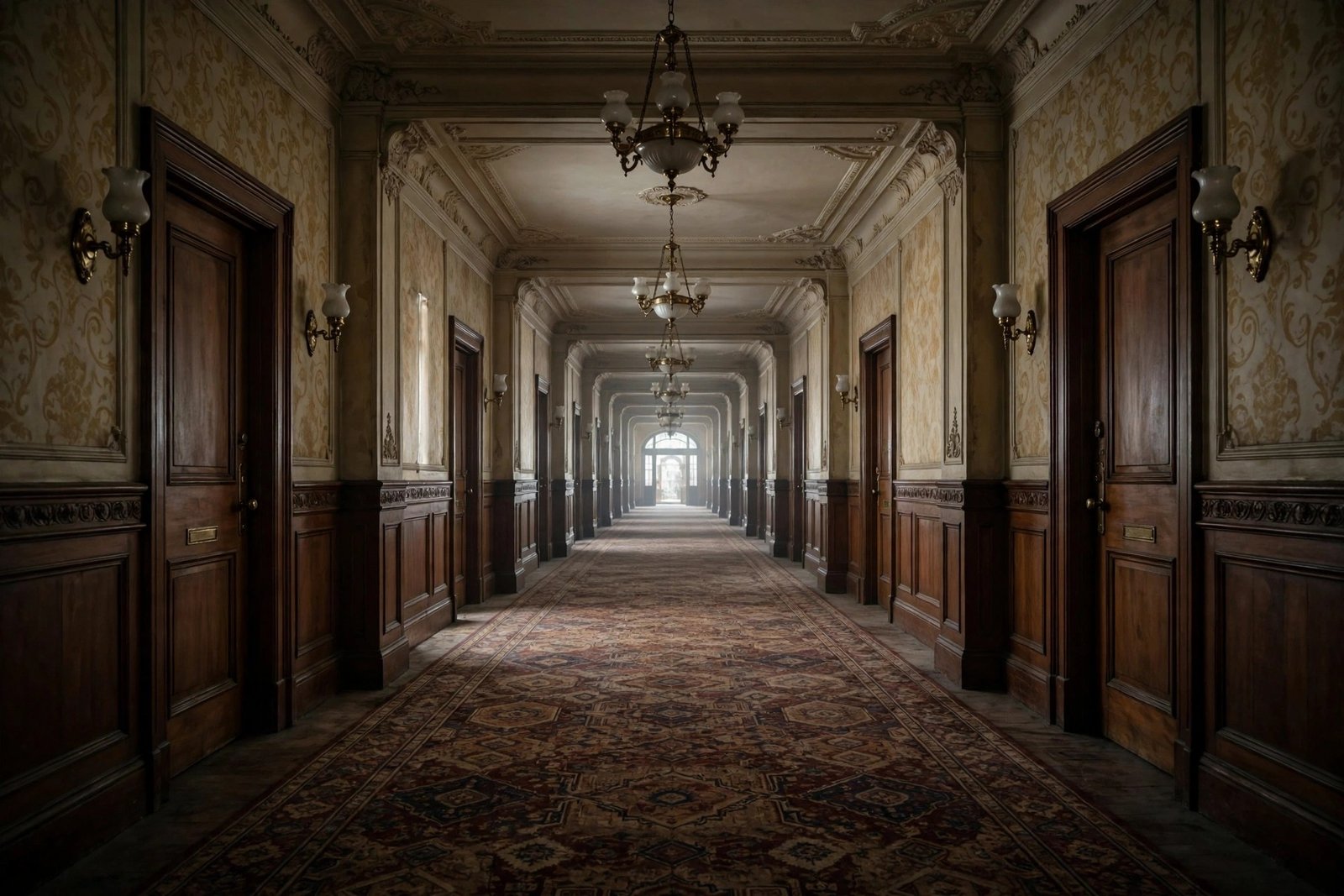 An empty, grand hotel corridor with patterned carpet stretching into the distance, cinematic wide shot