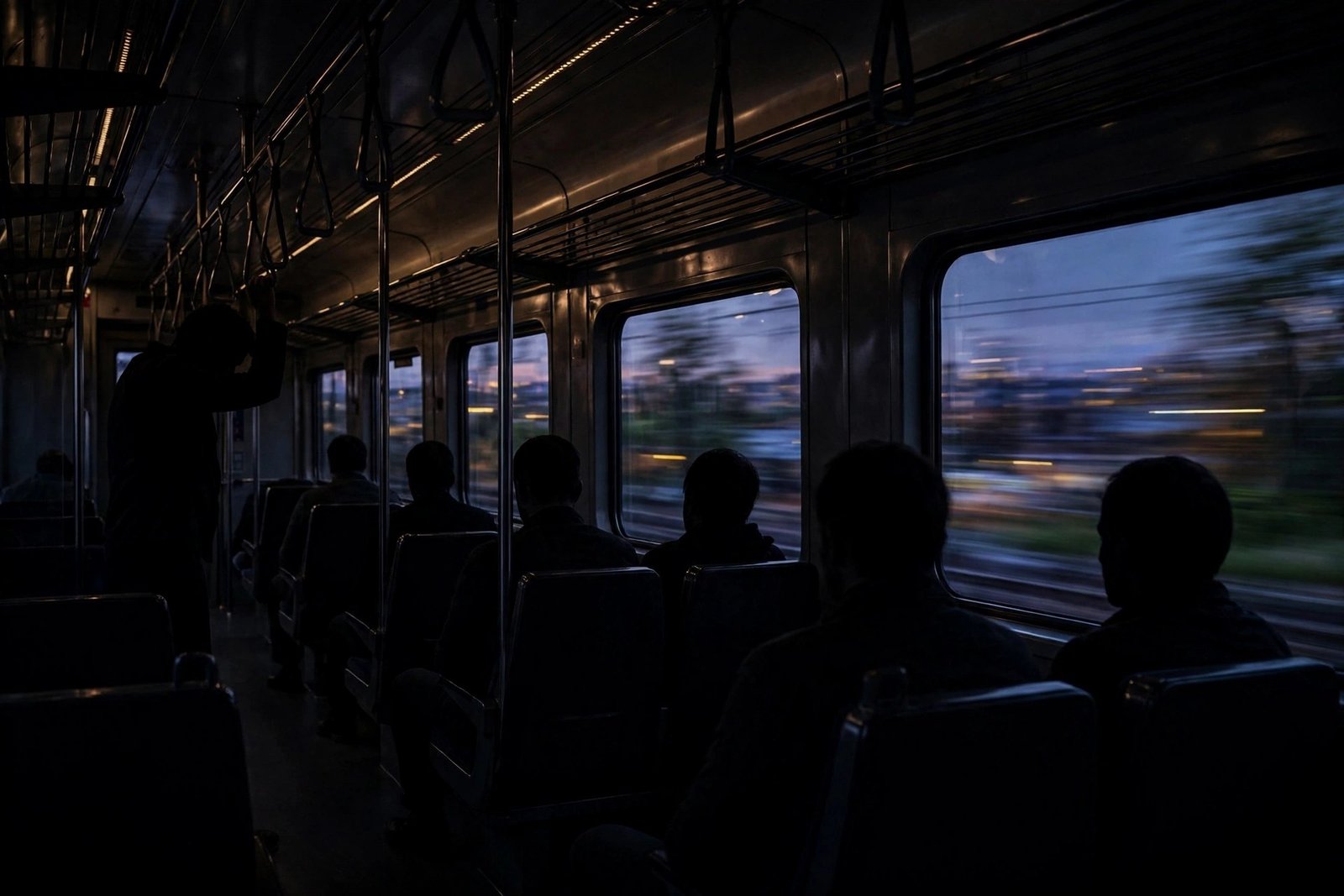 Passengers silhouetted inside a speeding train carriage at dusk, tense cinematic mood