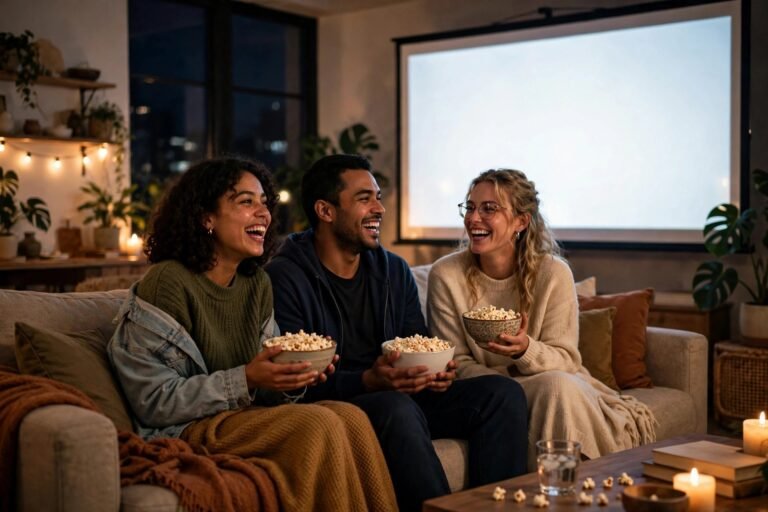 A cosy living room at night with friends laughing together on a sofa, popcorn bowls in hand and warm light from a movie screen glowing in front of them