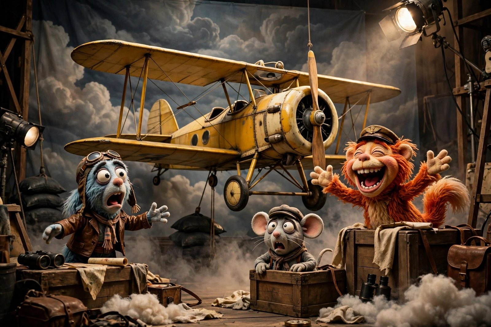 A playful cinema scene with a vintage aeroplane prop, dramatic clouds and exaggerated expressions, capturing the spirit of classic movie parody without showing any real actors