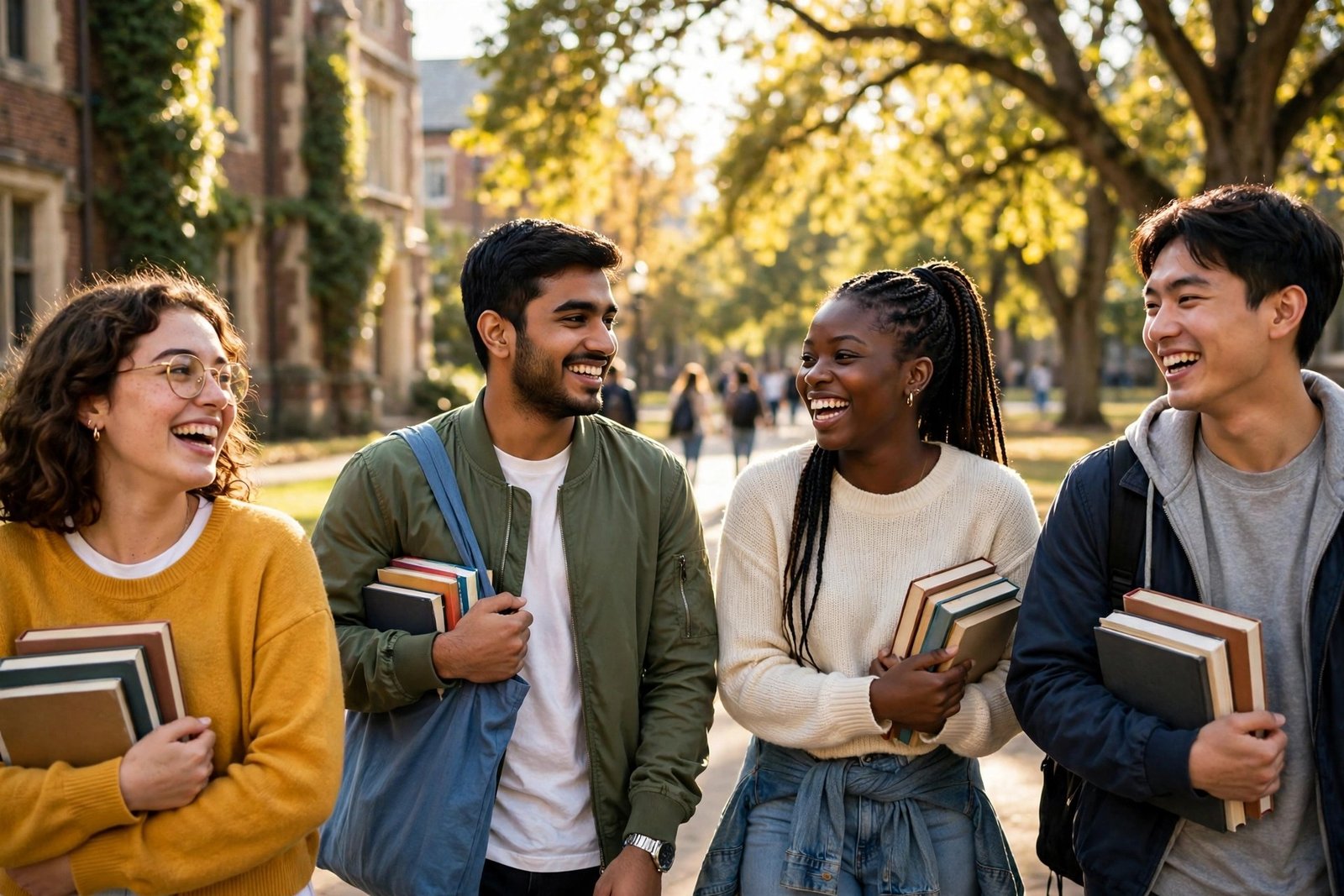 University friends walking together across a sunlit campus, laughing and carrying books, evoking friendship, youth and the joy of learning