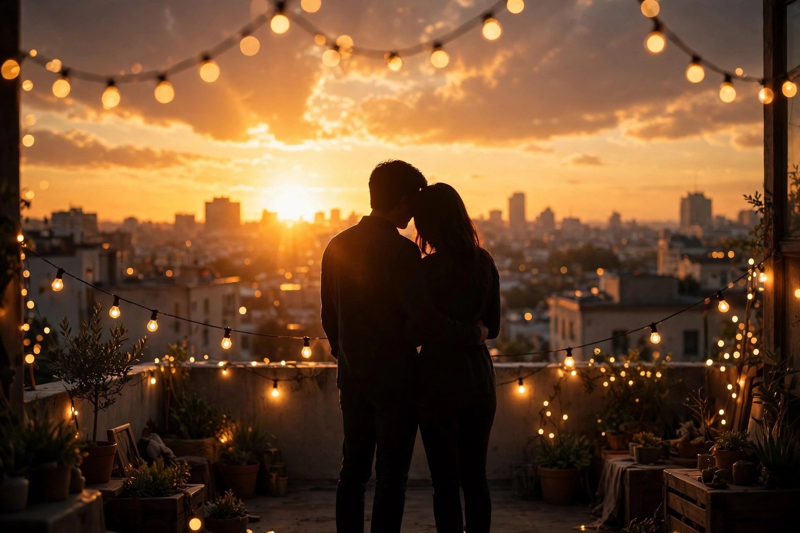 A couple silhouetted against a golden sunset on a quiet city rooftop, string lights glowing softly around them in a warm, cinematic scene