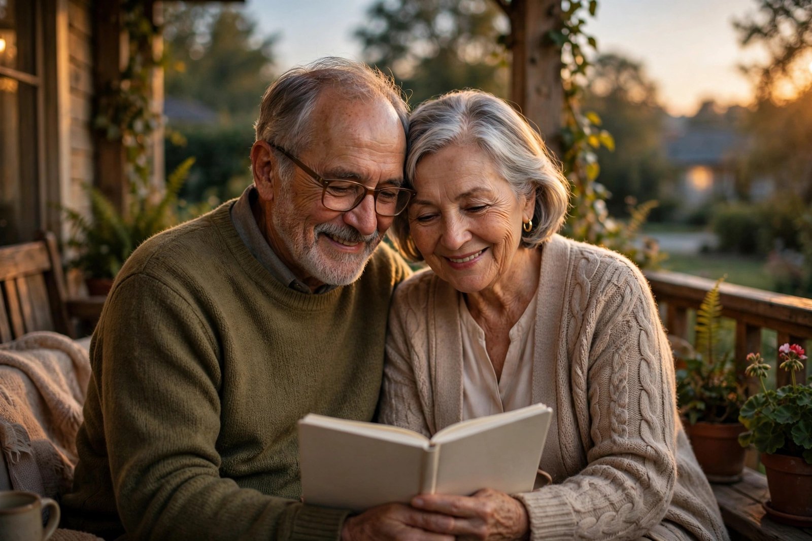 An elderly couple sitting close together on a porch at dusk, sharing a notebook and smiling softly, in a warm and tender cinematic moment