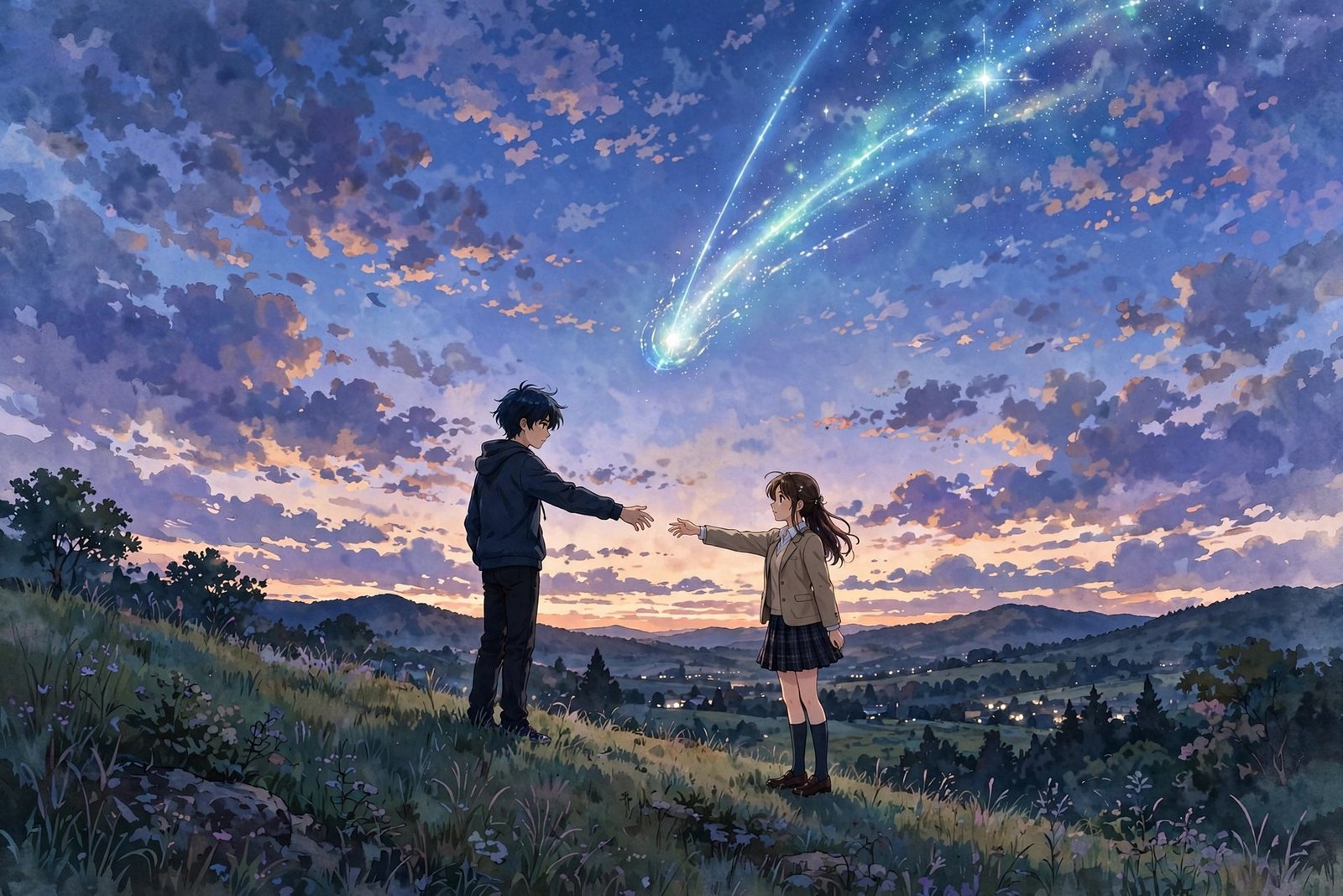 Two teenagers standing apart on a hill beneath a vast twilight sky with a comet overhead, reaching toward each other in a beautiful animated-style scene