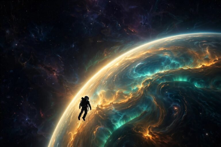 A lone astronaut silhouetted against a vast, glowing planet in deep space, cinematic wide shot