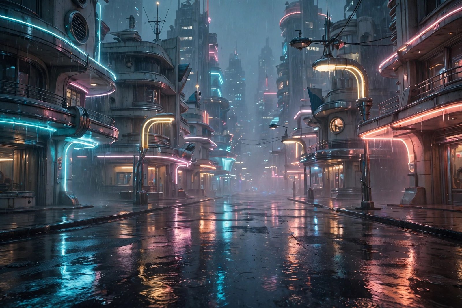 A retro-futuristic city street at night in the rain, lit by soft neon reflections, cinematic scene