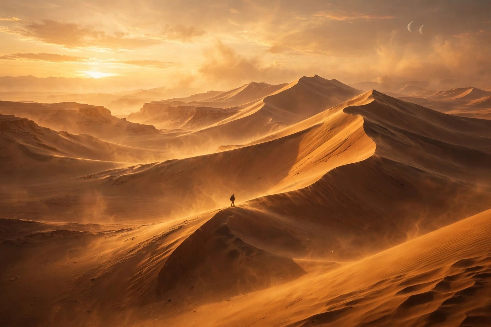 A vast desert planet landscape with a tiny figure crossing towering sand dunes at golden hour, cinematic scene