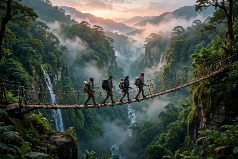 A small group of explorers with backpacks crossing a rope bridge over a lush jungle gorge at sunrise, cinematic wide shot