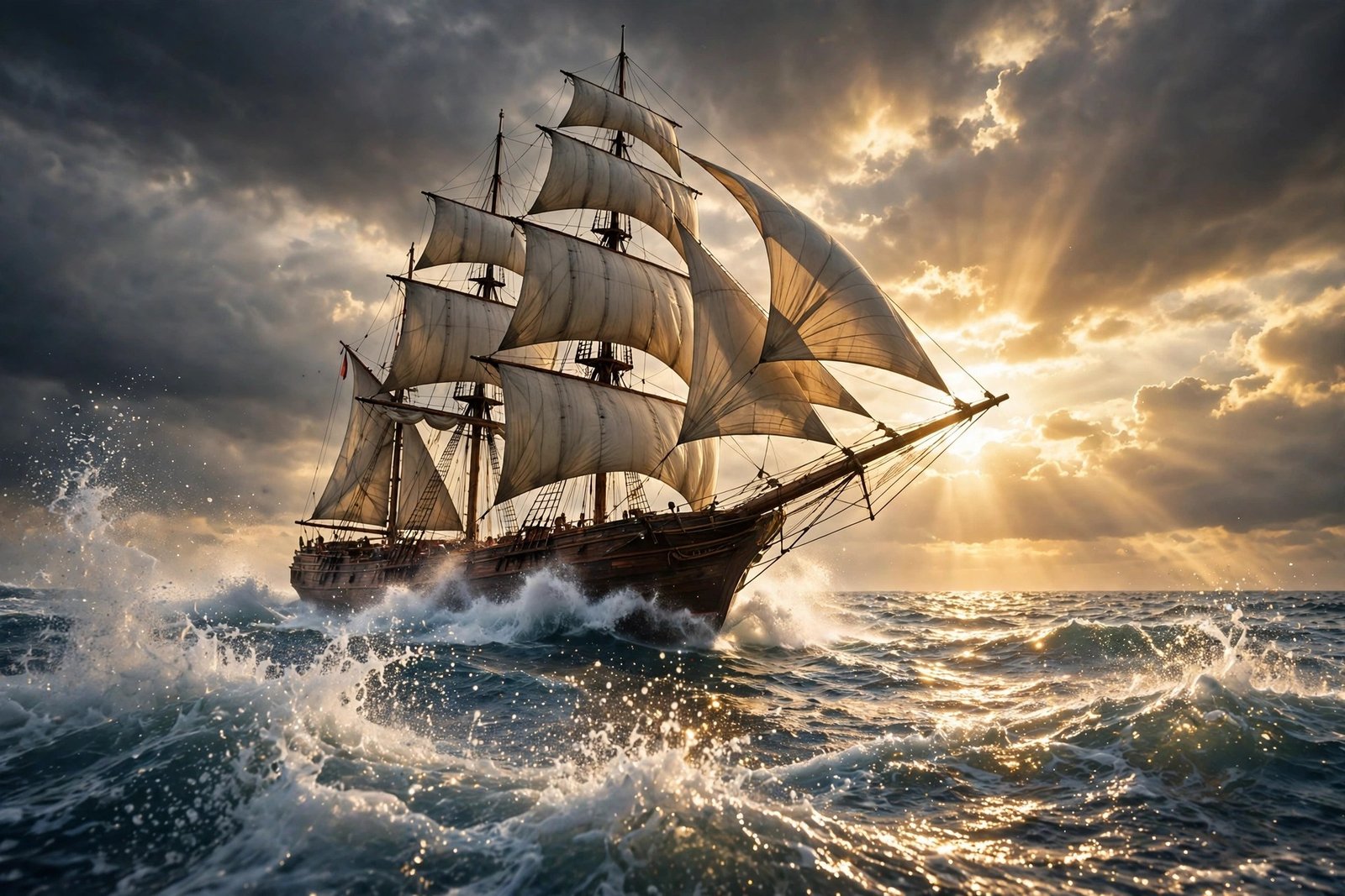 A tall sailing ship with billowing sails racing across a sparkling ocean under dramatic clouds, cinematic scene