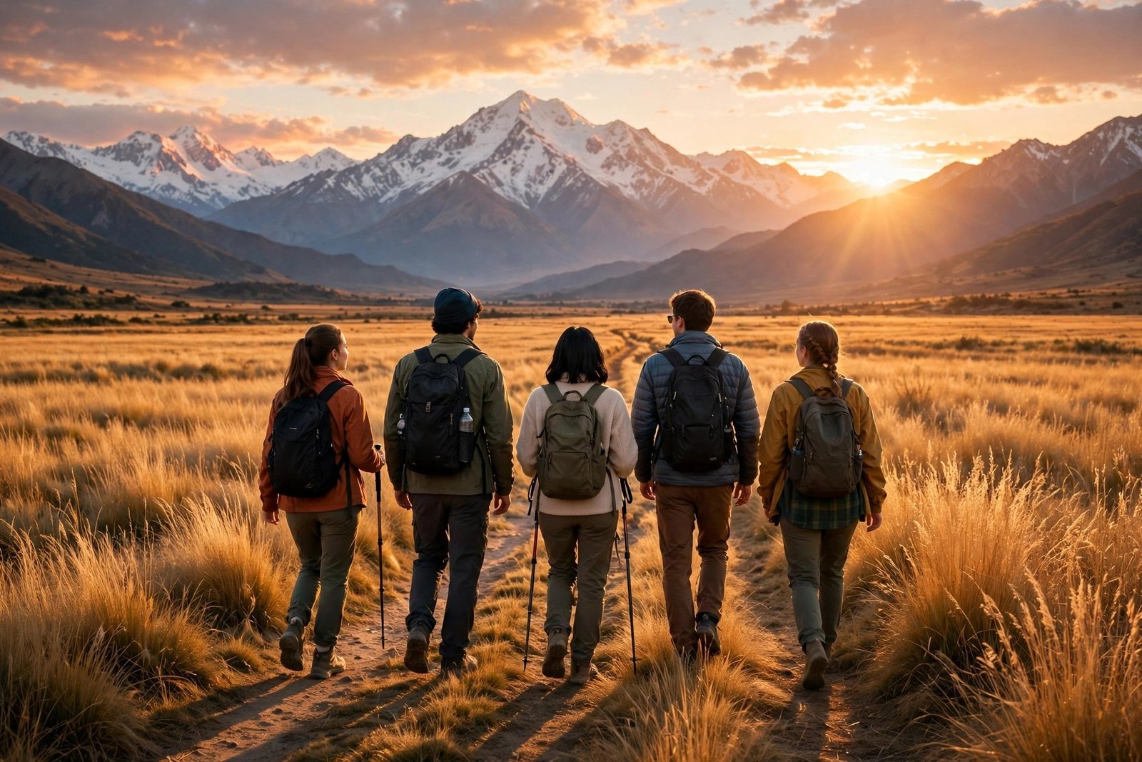 A group of friends trekking through golden grasslands toward distant snow-capped mountains at sunset, cinematic scene